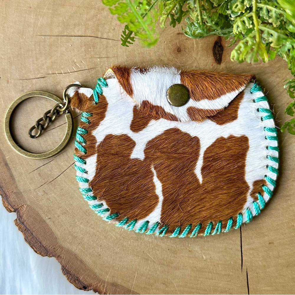Brown Cow Print Teal Blue Stitching Coin Pouch Money Bag Animal Purse Keychain